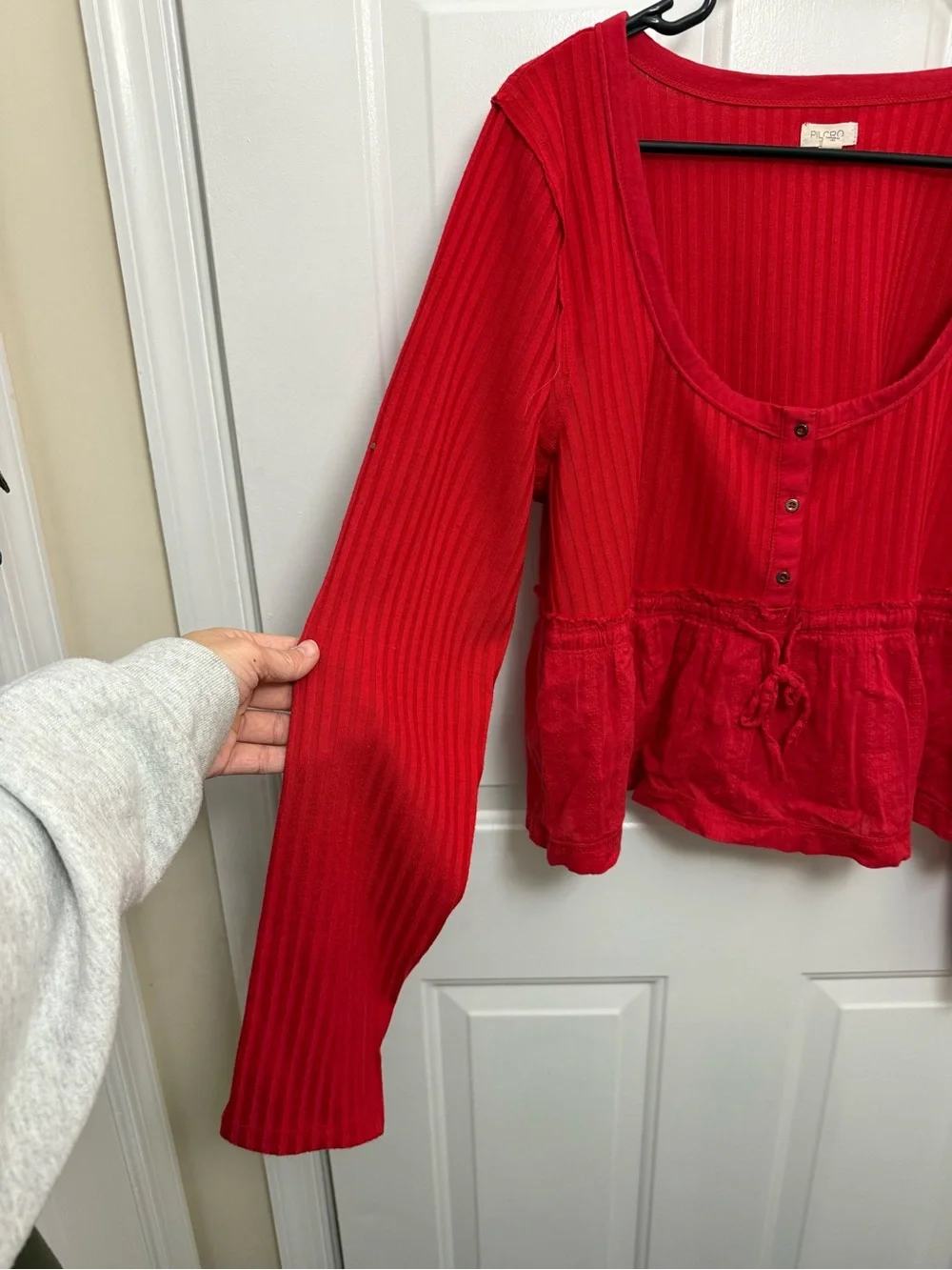 Pilcro Anthropologie Cottagecore Red Mixed Media Ribbed Eyelet Peplum Top XL